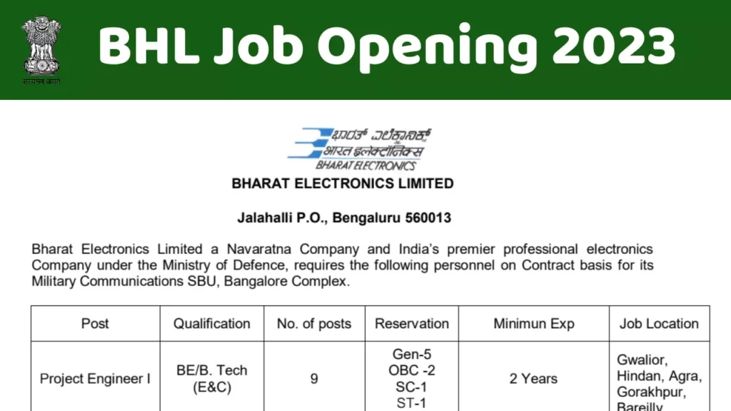 Bharat Electronics Limited (BEL) Job Opening for Project Engineers 2023
