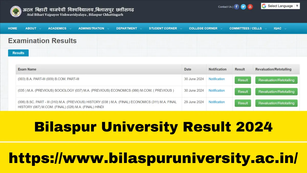 Bilaspur University Result 2024 OUT at bilaspuruniversity.ac.in; Direct Link to Download UG and PG Marksheet
